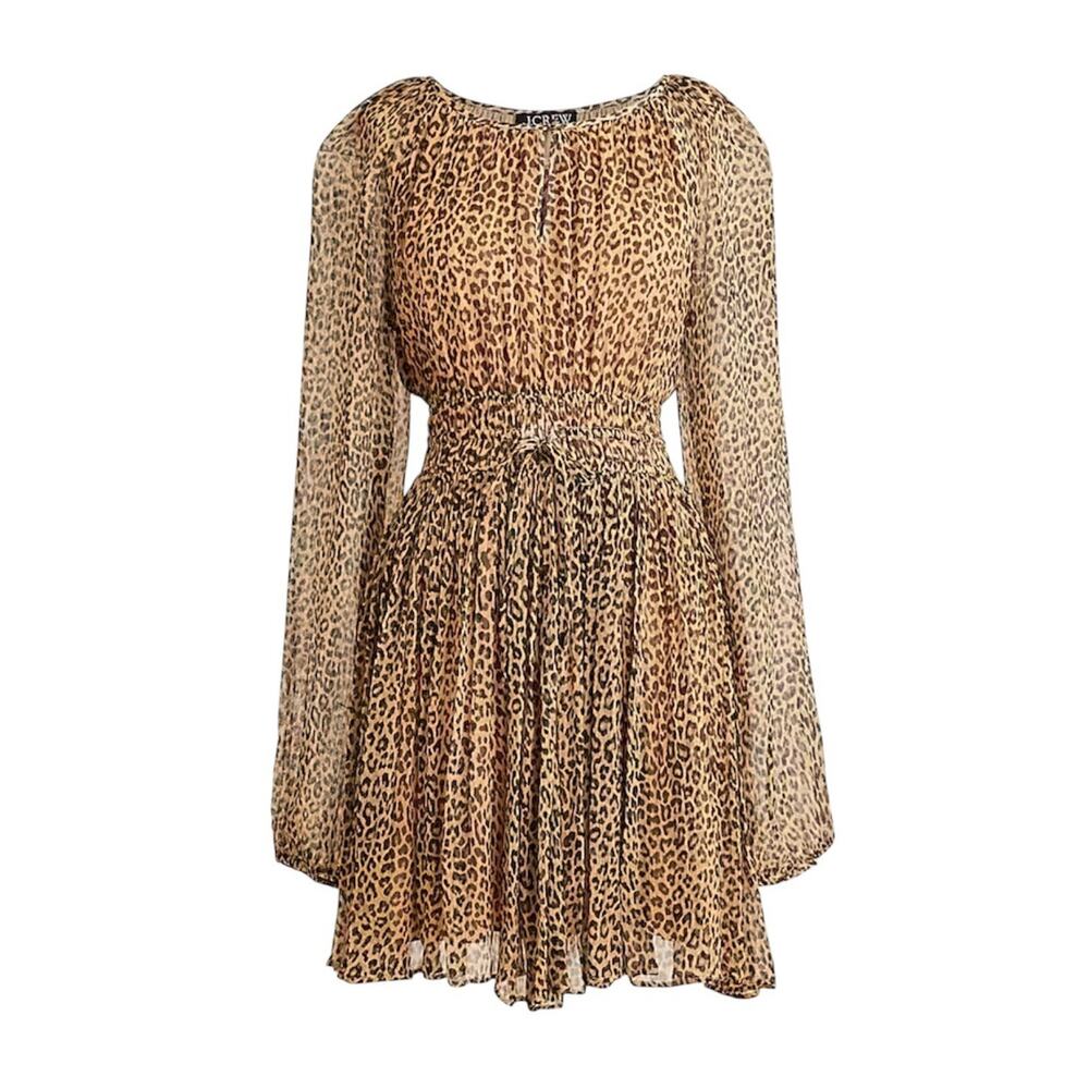 J. Crew Elena Long Sleeve‎ Mini Dress in Brown Leopard Crinkle Chiffon CF793